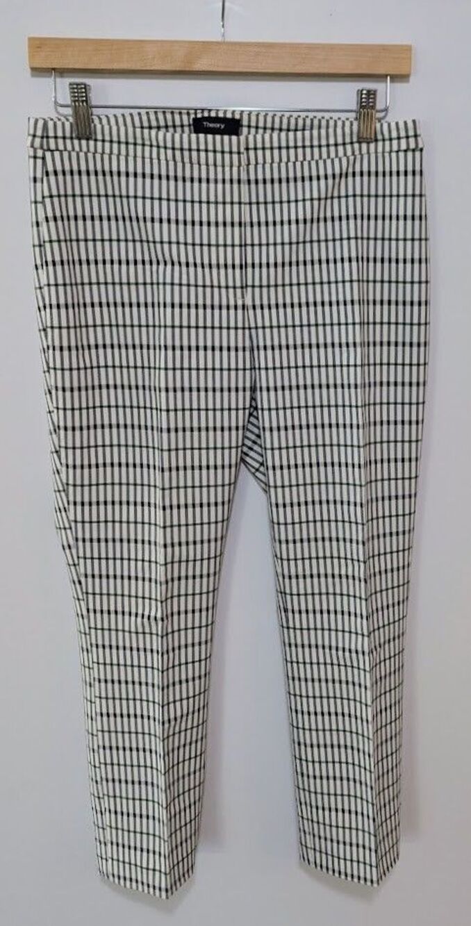 Theory Classic Pants Womens 6 Cream Plaid Classic Tailored Luxury Capsule